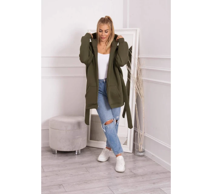 Zateplená bunda s vázáním v pase khaki barvy