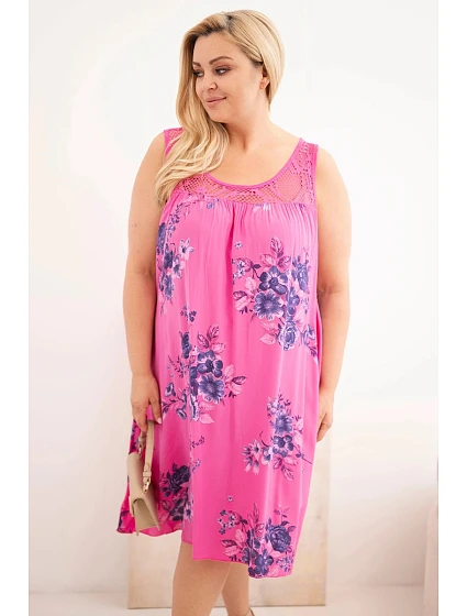 Dámské šaty Plus Size z viskózy s květinovým vzorem a krajkovým vrškem růžová