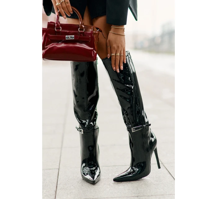 Kozaki Lakierowane Ocieplane Na Szpilce Z Klamrą Czarne Tameliae