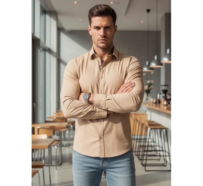 Pánská elegantní hladká béžová košile SLIM FIT Dstreet model 21981633 - FashionStreet