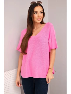 Dámsky sveter s krátkymi rukávmi a výstrihom do V svetloružový