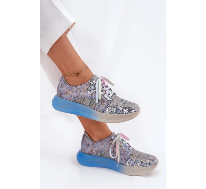 Skórzane Półbuty Sneakersy Damskie Na Platformie Maciejka 06776A-06 Niebieskie