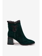 Semišové kožené dámské kotníkové boty na jehlovém podpatku s ozdobou vyhřívané model 21718444 tmavě zelená - D&A