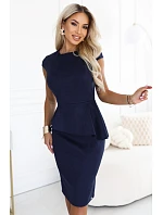 model 22349685 Elegantní semišové midi šaty s volánkovým pasem – tmavě modré - numoco model 22349685 Elegantní semišové midi šaty s volánkovým pasem – tmavě modré - numoco
