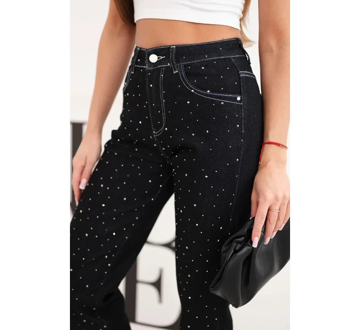 Dámske džínsy s vysokým pásom a ozdobami čierne Dámske džínsy s vysokým pásom a ozdobami čierne