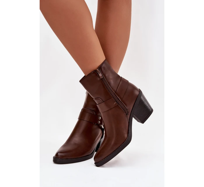 Zateplené dámské kotníkové boty na podpatku s ozdobným prvkem hnědé Jurelle