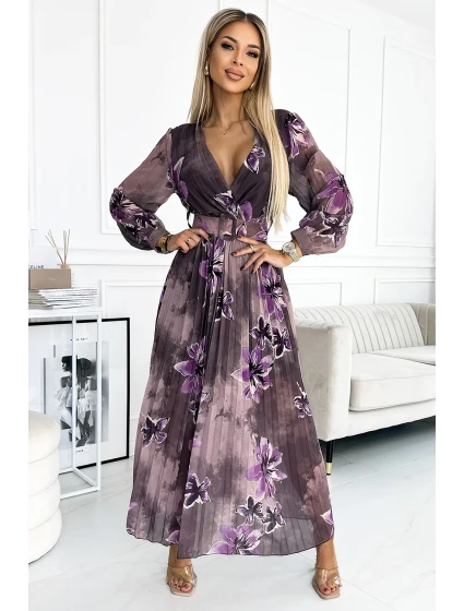 520-1 Plisované šifónové dlhé šaty s výstrihom, dlhými rukávmi a širokým opaskom - fialové veľké kvety 520-1 Plisované šifónové dlhé šaty s výstrihom, dlhými rukávmi a širokým opaskom - fialové veľké kvety