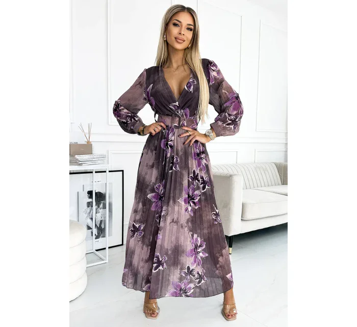 520-1 Plisované šifónové dlhé šaty s výstrihom, dlhými rukávmi a širokým opaskom - fialové veľké kvety 520-1 Plisované šifónové dlhé šaty s výstrihom, dlhými rukávmi a širokým opaskom - fialové veľké kvety