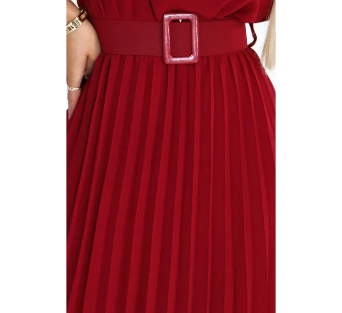 465-5 MIA Plisované šifónové midi šaty so širokým opaskom - Bordeaux 465-5 MIA Plisované šifónové midi šaty so širokým opaskom - Bordeaux
