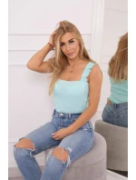 Blúzka bez ramienok s volánikmi v mätovej farbe