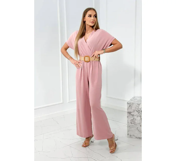 Kombinéza s ozdobným pásom púdrovo ružová