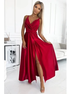 498-4 Dlhé saténové šaty s výstrihom a dvojitými ramienkami - ČERVENÉ