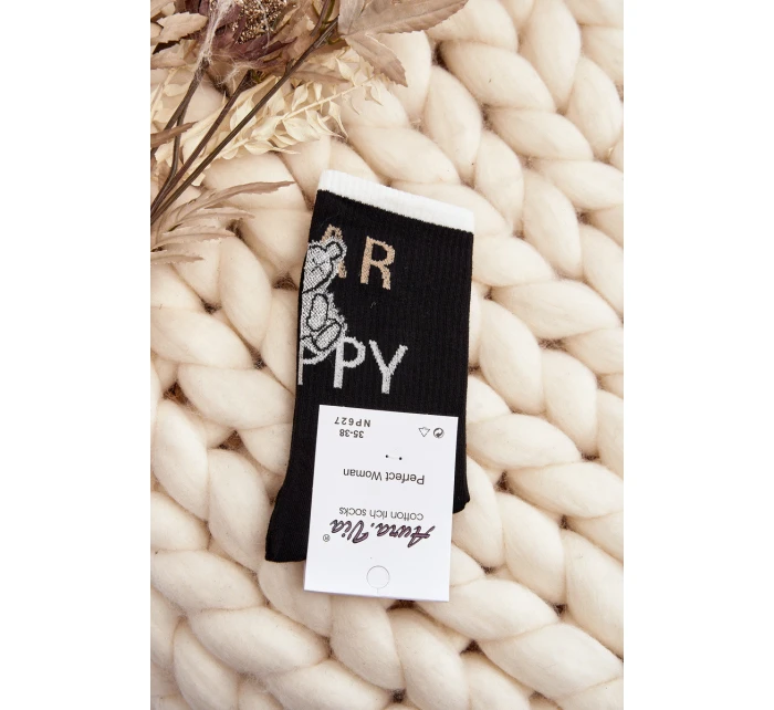 Skarpety Damskie Bawełniane Z Napisem I Misiem Czarne