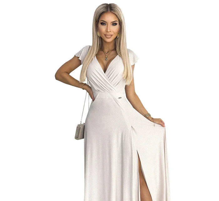 411-4 CRYSTAL trblietavé dlhé šaty s výstrihom - BEACH 411-4 CRYSTAL trblietavé dlhé šaty s výstrihom - BEACH