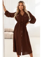 651-1 Midi šaty s gombíkmi a opaskom - čokoládové