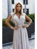 Elegantní béžové dlouhé dámské šaty s brokátem a s  vázání model 20110813 - numoco