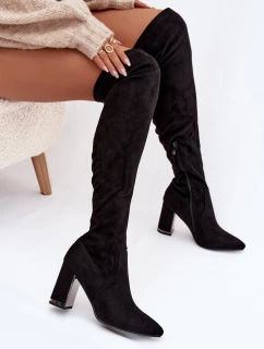 Dámske semišové čižmy nad kolená na podpazuší - čierne Thamine