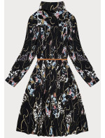 Dámske čierne kvetinové plisované šaty s golierom (Z-56)