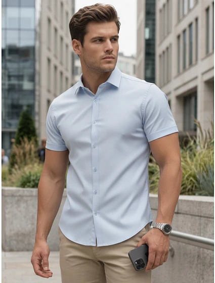 Pánska košeľa s krátkym rukávom, strih regular, svetlo modrá, FashionStreet KX1095