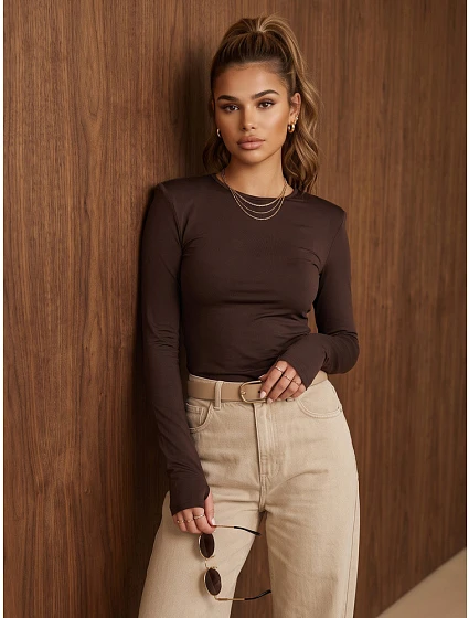Dámská blůza s dlouhým rukávem v čokoládové barvě FashionStreet RY2939