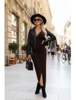 Elegantní dlouhé šaty s obálkovým výstřihem a rozparkem  hnědé model 21720277 - numoco