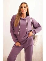 Komplet dámský máslový mikina s kapucí a kalhoty s páskem fialový