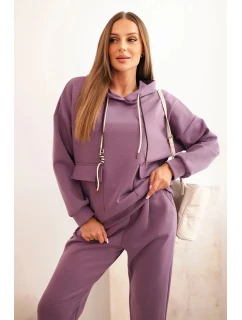 Komplet dámský máslový mikina s kapucí a kalhoty s páskem fialový