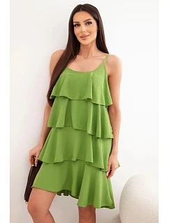 Dámske mini šaty bez ramienok s volánikmi olivové
