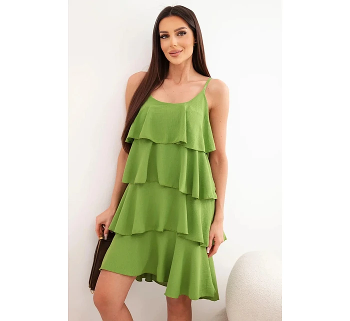Dámske mini šaty bez ramienok s volánikmi olivové