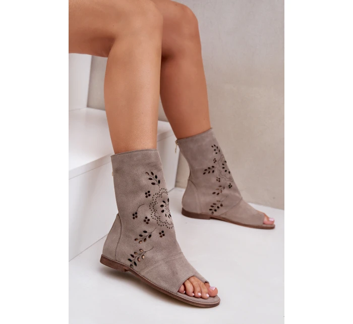 Zazoo 3437 Damskie Zamszowe Sandały Z Cholewką Na Zamek Beżowe