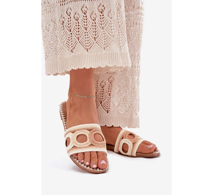 Szydełkowe Klapki Damskie Na Płaskim Obcasie Beżowe Nirina