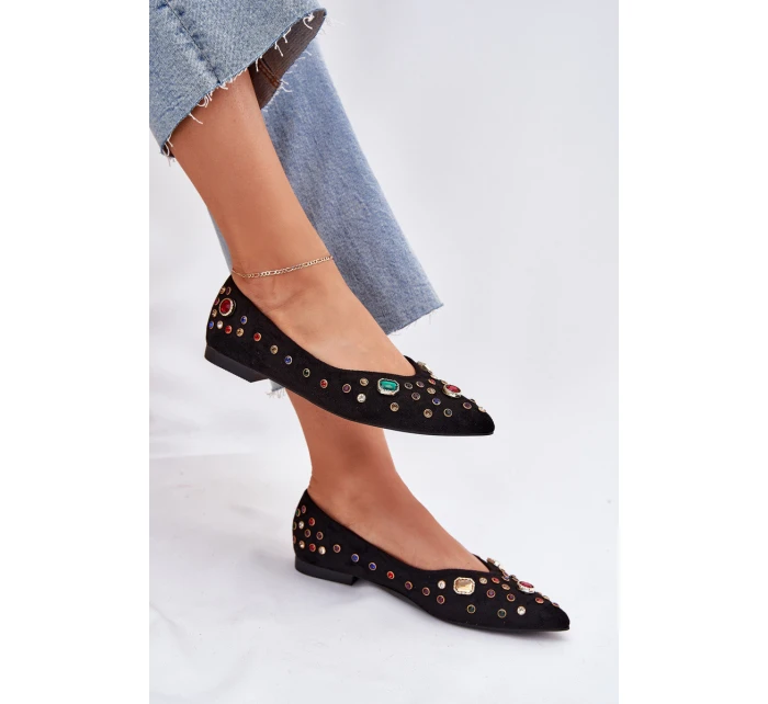 Baleriny Damskie Zdobione Kryształkami Czarne Valena