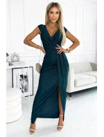 451-1 Trblietavé šaty s krátkymi rukávmi, výstrihom a rozparkom na nohách - BUTTER GREEN 451-1 Trblietavé šaty s krátkymi rukávmi, výstrihom a rozparkom na nohách - BUTTER GREEN