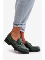 Zazoo 20174 Skórzane Eleganckie Półbuty Damskie Na Płaskim Obcasie Ciemnozielone