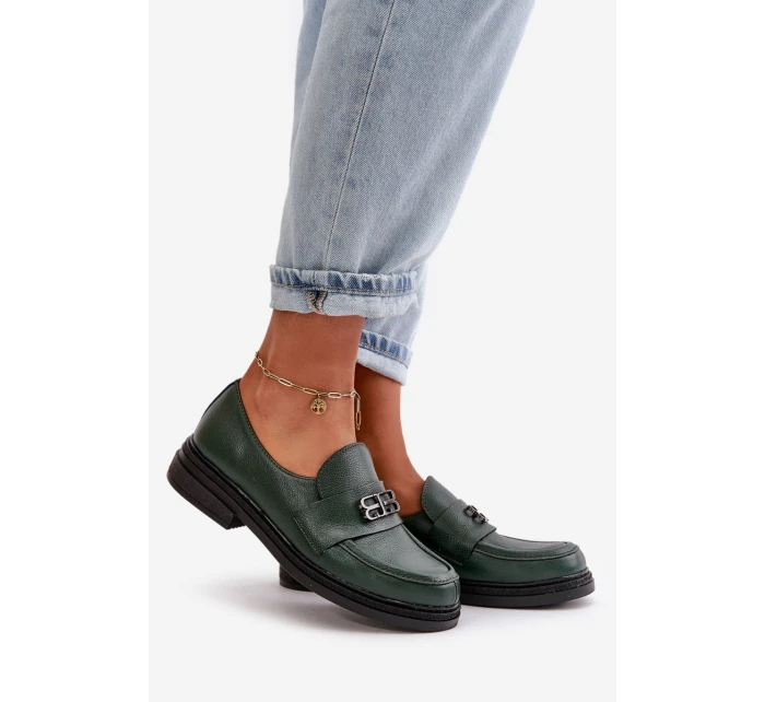 Zazoo 20174 Skórzane Eleganckie Półbuty Damskie Na Płaskim Obcasie Ciemnozielone