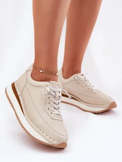 Skórzane Sneakersy Damskie Na Platformie Big Star RR274A334 Beżowe
