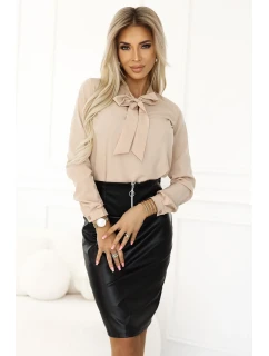 Béžová dámská halenka v stylu s dlouhými rukávy a s vázáním ve přední části model 20897084 - numoco