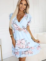 468-3 PATRIZIA šaty s obálkovým výstrihom, opaskom a krátkymi rukávmi - MODRÁ S RŮŽOU
