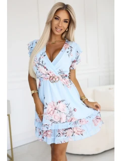 468-3 PATRIZIA šaty s obálkovým výstrihom, opaskom a krátkymi rukávmi - MODRÁ S RŮŽOU