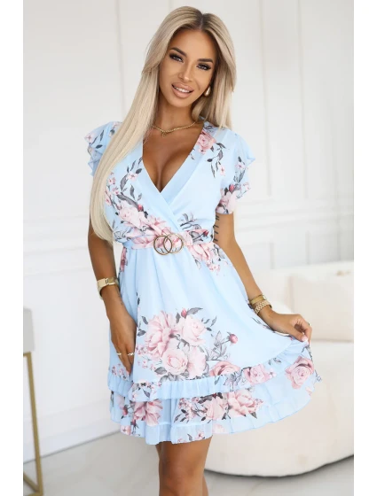 468-3 PATRIZIA šaty s obálkovým výstrihom, opaskom a krátkymi rukávmi - MODRÁ S RŮŽOU 468-3 PATRIZIA šaty s obálkovým výstrihom, opaskom a krátkymi rukávmi - MODRÁ S RŮŽOU