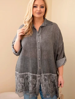 Dámske bavlnené tričko s čipkovým lemovaním v šedej farbe