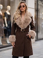 Dámsky kabát s odnímateľným kožušinovým golierom, hnedý, FashionStreet TY6073
