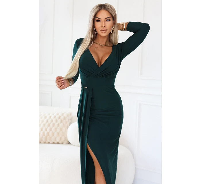 404-15 Elegantné dlhé šaty s obálkovým výstrihom a rozparkom - fľaškovo zelené
