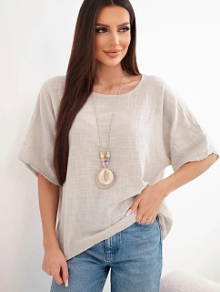 Dámska bavlnená blúzka oversize s krátkymi rukávmi béžová