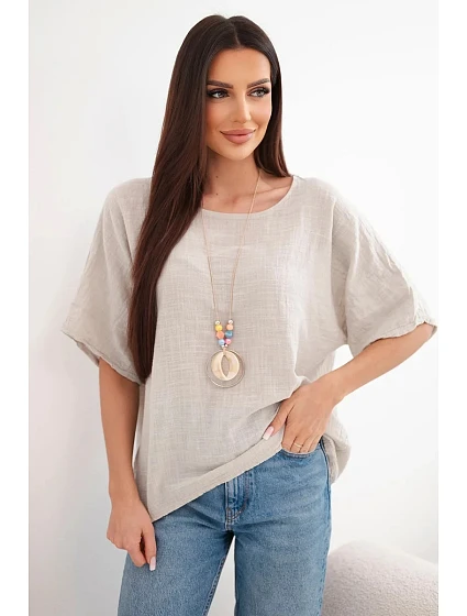 Dámska bavlnená blúzka oversize s krátkymi rukávmi béžová Dámska bavlnená blúzka oversize s krátkymi rukávmi béžová