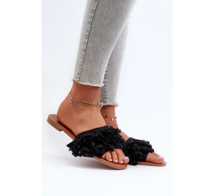 Płaskie Klapki Damskie Z Frędzlami Czarne Rialle