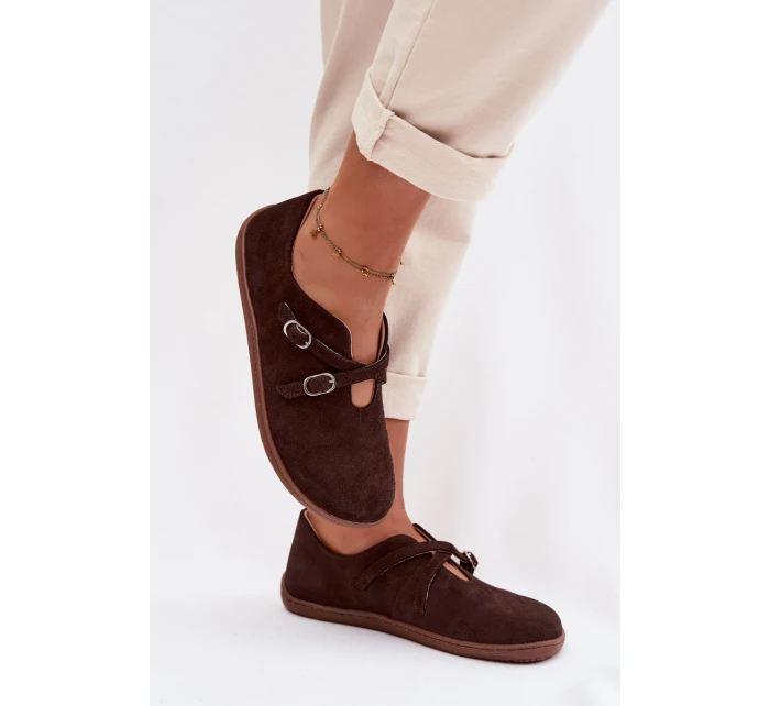 Kožené semišové dámské polobotky s pásky model 21937586 čokoládové - Zazoo