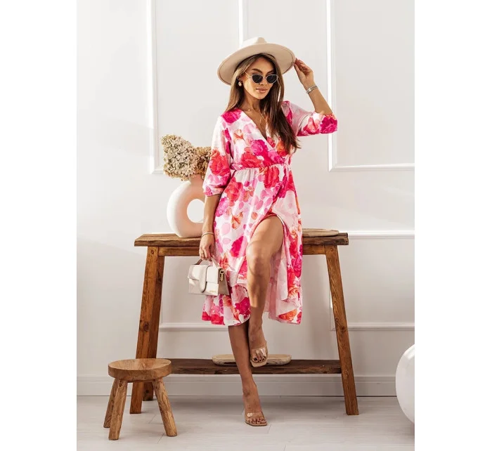 Ružové dámske šaty so skladaným obálkovým výstrihom (704)