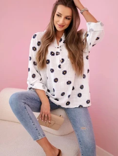 Dámska ľanová blúzka s kvetinovým vzorom, dlhými rukávmi a gombíkmi Biela
