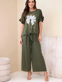 Dámska súprava z viskózy s blúzkou s potlačou a khaki nohavicami